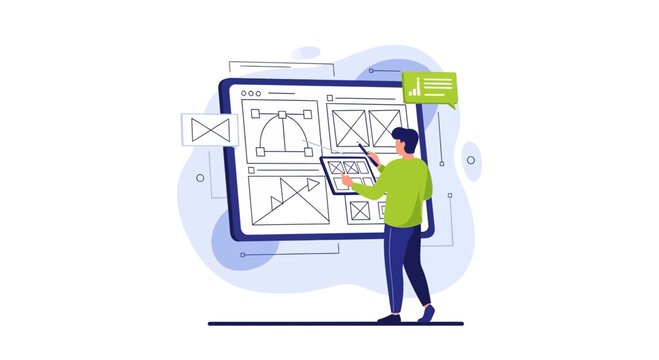 Web designer creating user interface wireframes on a tablet, digital art