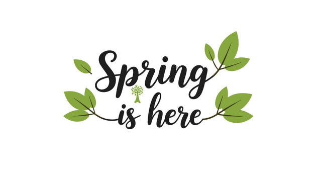 Beautiful calligraphic text design stating spring is here surrounded by fresh green leaves to celebrate the beginning of a new season.