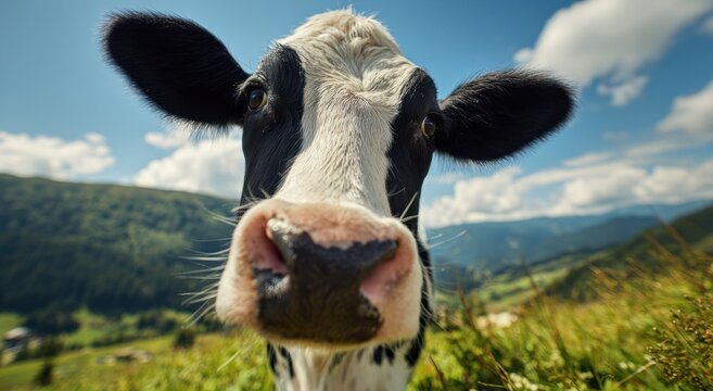 A curious black and white holstein cow with its head tilted to the side in a lush green pasture under a partly cloudy sky