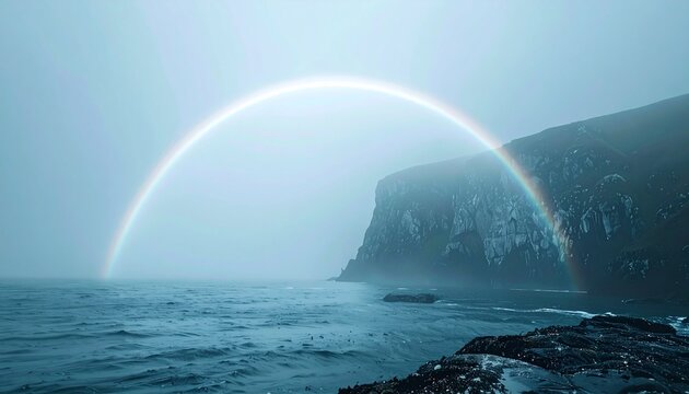 Mystical fogbow arch over misty coastal cliffs at sunrise