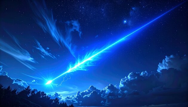 Vibrant blue aurora lightning sprite over stormy night sky with mystical glow