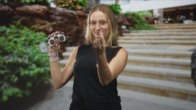 Smiling woman optometrist holds trial frame and beckons with finger on building steps; confidence eye test.