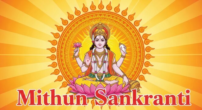 Vibrant Hindu deity Surya Dev in traditional attire celebrating Mithun Sankranti