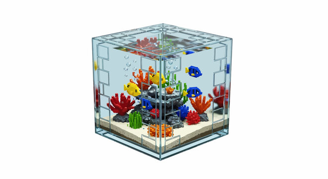 Vibrant Lego-style aquarium cube filled with colorful fish, coral, and aquatic plants on a white background.
