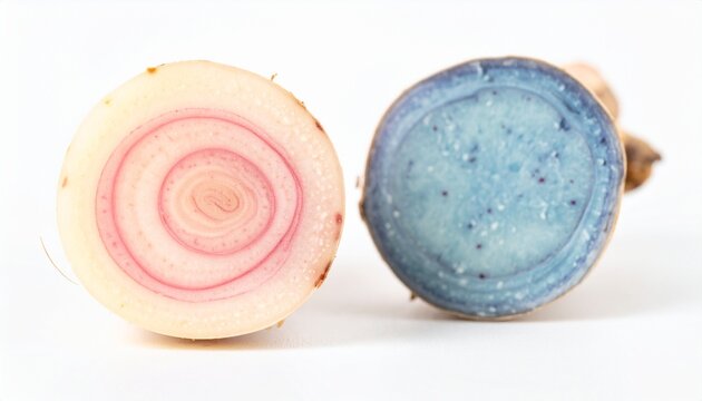 Macro cross-section of fresh galangal rhizome with pink rings and blue ginger texture