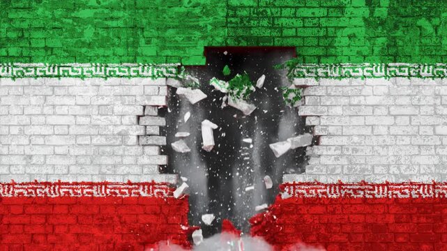 Iran flag painted on a textured brick wall with a large hole exploding outwards, showing flying debris and dust, representing conflict and destruction in the Middle East
