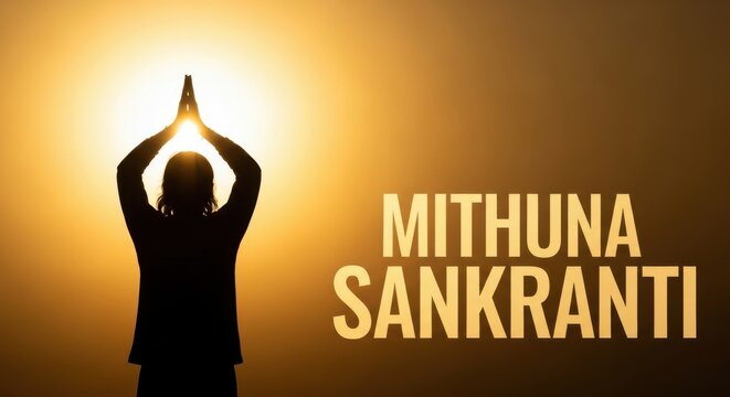 Woman in silhouette celebrating Mithuna Sankranti with hands together
