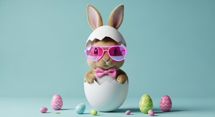 Fototapeta premium Funny Easter bunny with pink sunglasses and bow tie in eggshell on a turquoise blue background