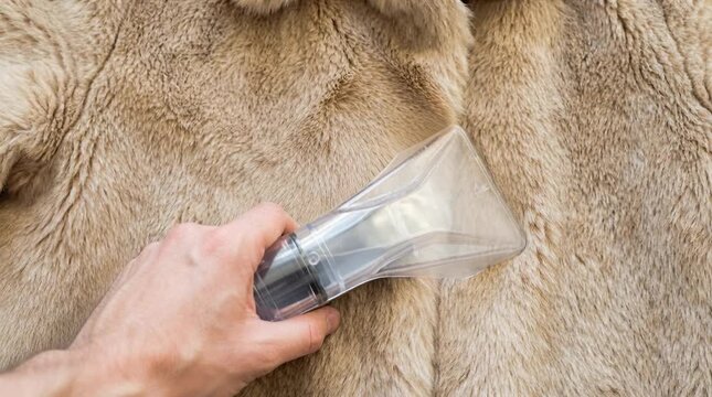 fur coat cleaning with vacuum extractor on fabric surface at home, close up. furniture care, stain removal, hygiene, housekeeping.