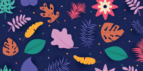 Tropical flowers and palm leaves background © jadamprostore