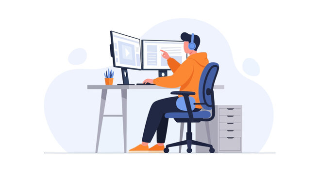 Young man working on dual monitors, wearing headphones, focused on coding or design