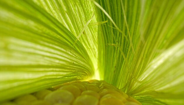 Macro close-up of fresh corn silk strands and kernels in natural sunlight