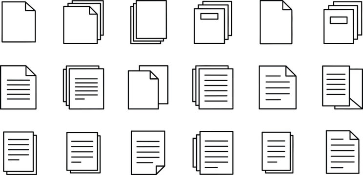 Minimalist Document and File Icon Set Featuring Paper Sheets, Folded Corners, Text Alignment, and Layered Page Outlines for Business, Office, and Digital Interface Designs