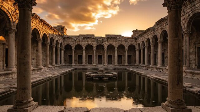 Ancient Roman Bath Ruins Reflected at Golden Sunset