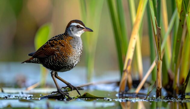 Baillon's crake wading in shallow wetland reeds during golden hour