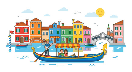 Colorful venetian canal scene with gondola and cheerful travelers © PROMA