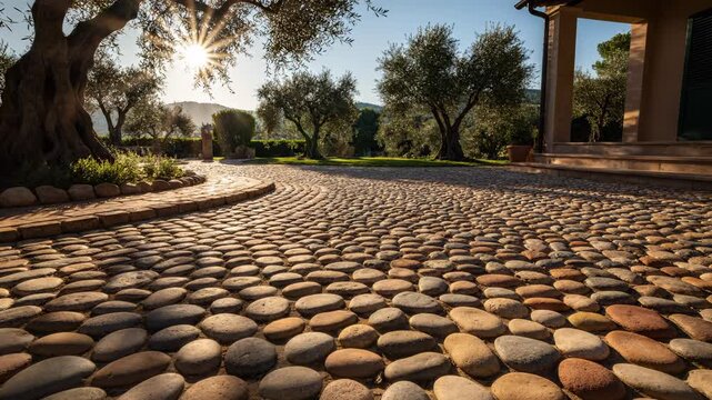 Golden Hour Sunburst Over Mediterranean Pebble Driveway and Ancient Olive Trees