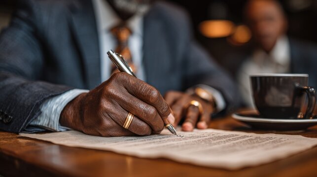 Man sitting at a wooden table signing an old paper with a pen in a formal setting