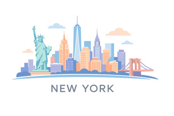 Obraz premium Bright New York Skyline Featuring One World Trade Center and Brooklyn Bridge, Pastel City Illustration
