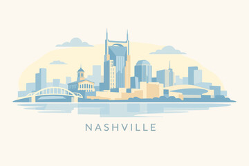 Obraz premium Vector 2D Flat Minimalist Illustration of Nashville Skyline in Soft Blue and Warm Beige Tones with Bridges, River Reflection and Bold Text 