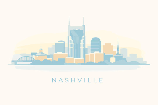 Nashville Skyline Vector Illustration with AT&T Building, 2D Flat Cityscape Design
