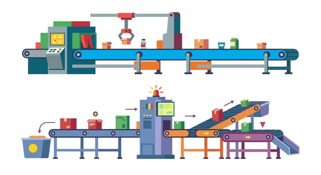 Automated factory assembly line with robotic arm and conveyor belts
