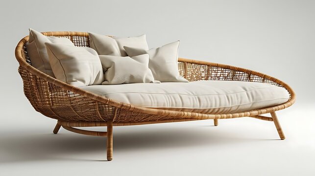 Daybed made of woven rattan with soft beige cushions provides a comfortable seating solution for a modern living space and is showcased here on a clean white studio background without any occupants.