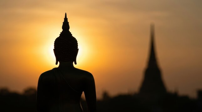 Silhouette of Buddha statue against vibrant orange sunset sky with distant stupa Buddha silhouette