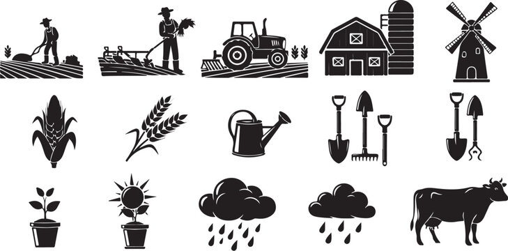 Agricultural icons and farming tools on white background