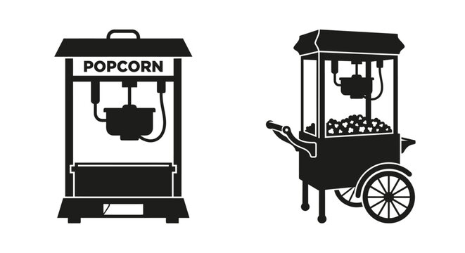 Black and white illustration of two vintage popcorn machines