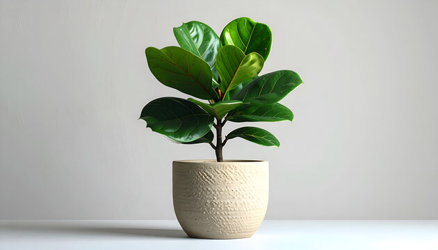 A vibrant fiddle leaf fig tree stands gracefully in a textured ceramic pot against a neutral backdrop.