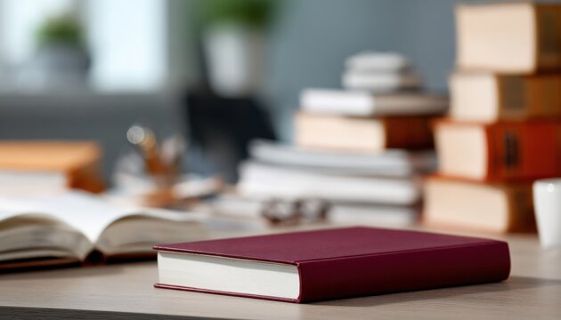 Mockup of an empty book with a maroon cover placed on a desk with stacked books in the background