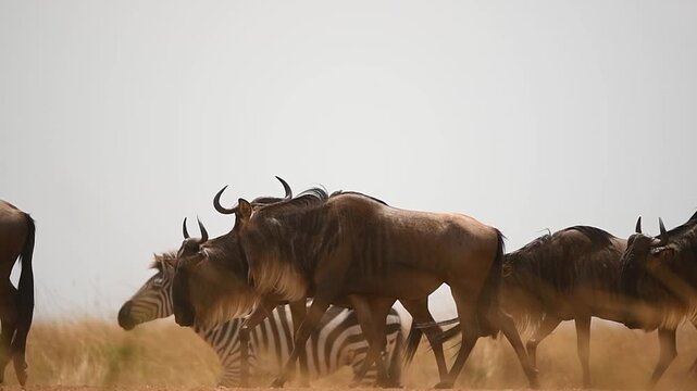 Herd of wild wildebeest walking and kicking up dust across the open plains of the Maasai Mara, Kenya