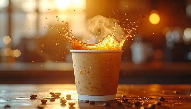 A vibrant photograph captures a moment of coffee being poured into a paper cup, creating a dynamic splash against a warm, blurred background of coffee beans and bokeh lights.