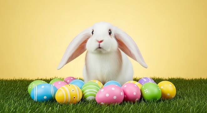 White Lop Eared Bunny Sitting on Green Grass Behind Decorative Patterned Easter Eggs on Yellow Background