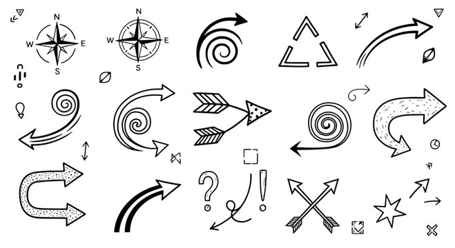 Symbols hand drawn set with black and white line art icons featuring vector, illustration, design with graphic and communication elements for arrows,