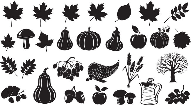 Autumn Harvest Icons and Symbols in Black Silhouette