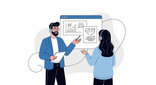 Business meeting: colleagues discussing charts and graphs on a screen, presentation