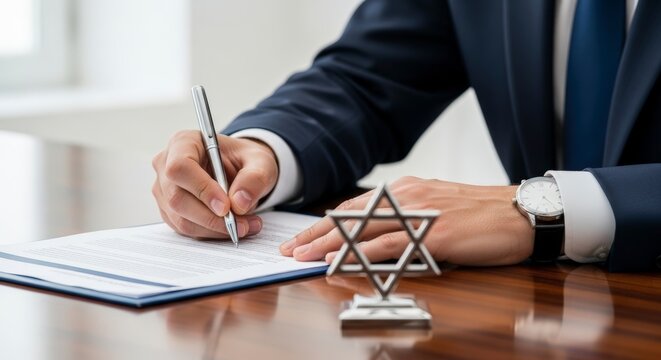 Jewish man signing document with star.