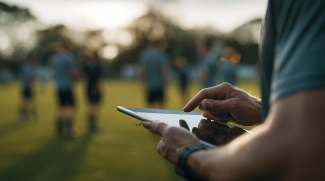 Outdoor sports coach using a tablet during training session with athletes in a park setting