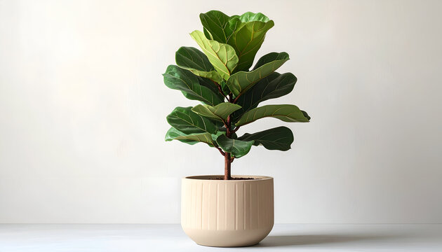 A vibrant fiddle leaf fig plant thrives in a stylish, ribbed ceramic pot against a minimalist white backdrop, showcasing a touch of modern botanical elegance.