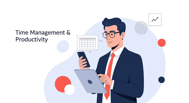 Businessman using laptop and phone for time management and productivity, with charts