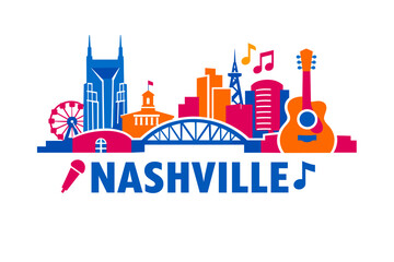 Obraz premium Vibrant Music City Skyline of Nashville – Colorful Vector Illustration with Guitar, Notes, Bridge and Ferris Wheel