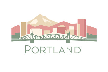 Obraz premium Flat Cartoon Portland Skyline Illustration in Soft 2D Vector Style with St. Johns Bridge, Mount Hood and Modern Buildings