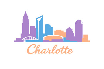 Fototapeta premium Flat Cartoon Charlotte Skyline Illustration in Colorful 2D Vector Style with Modern Skyscrapers and Bridges