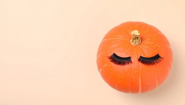 Pumpkin with false lashes on peach background