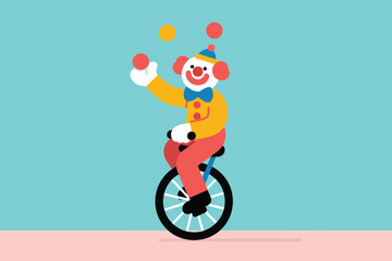 Clown juggling balls while riding unicycle under simple two tone circus background, vector illustration. © HardTeam