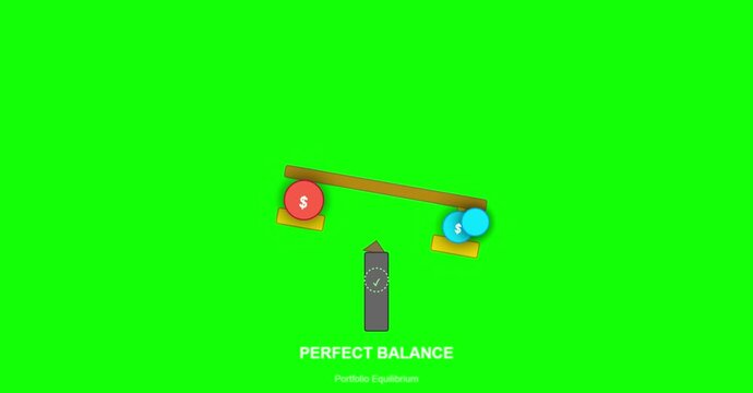 Golden balance scale tips gently with glowing red and blue coin weights over vivid green background