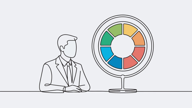 A businessman sitting at a desk with a colorful wheel chart in a minimalist office setting.
