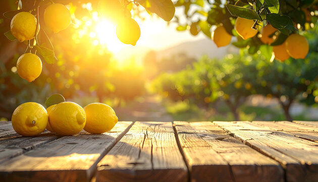 A sun-drenched lemon grove scene showcases ripe lemons on a rustic wooden table, bathed in golden light and surrounded by lush greenery.
